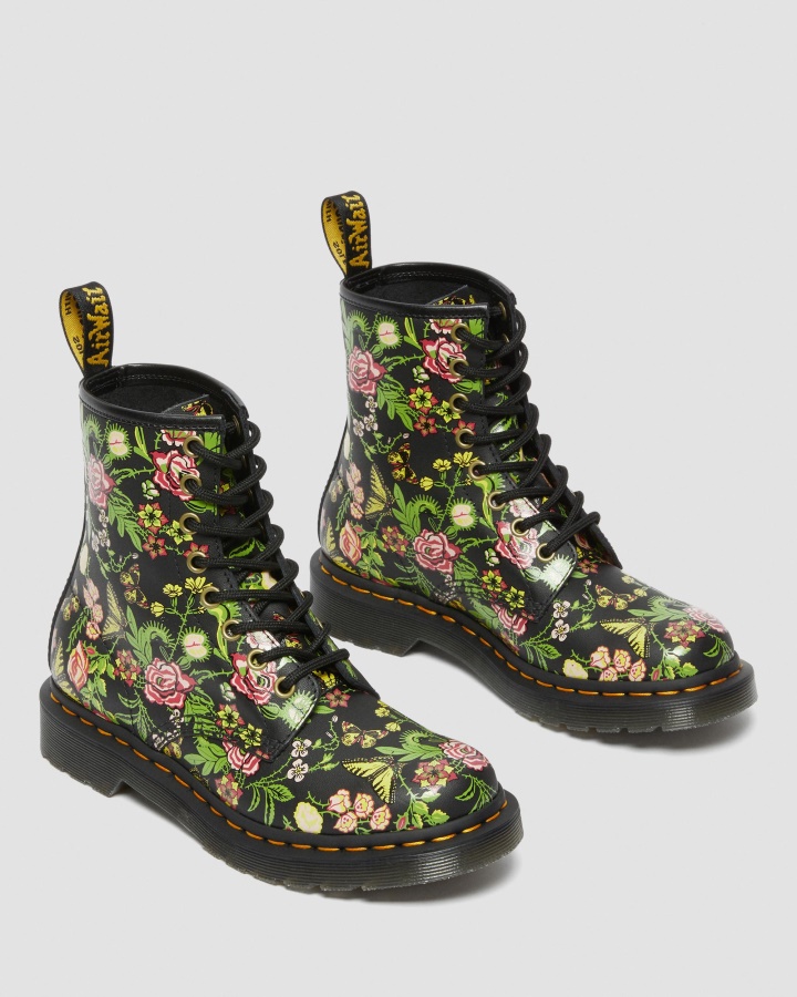 Dr.martens Romania Black 1460 Cizme Dama Cu Siret Din Piele Cu Flori Florale