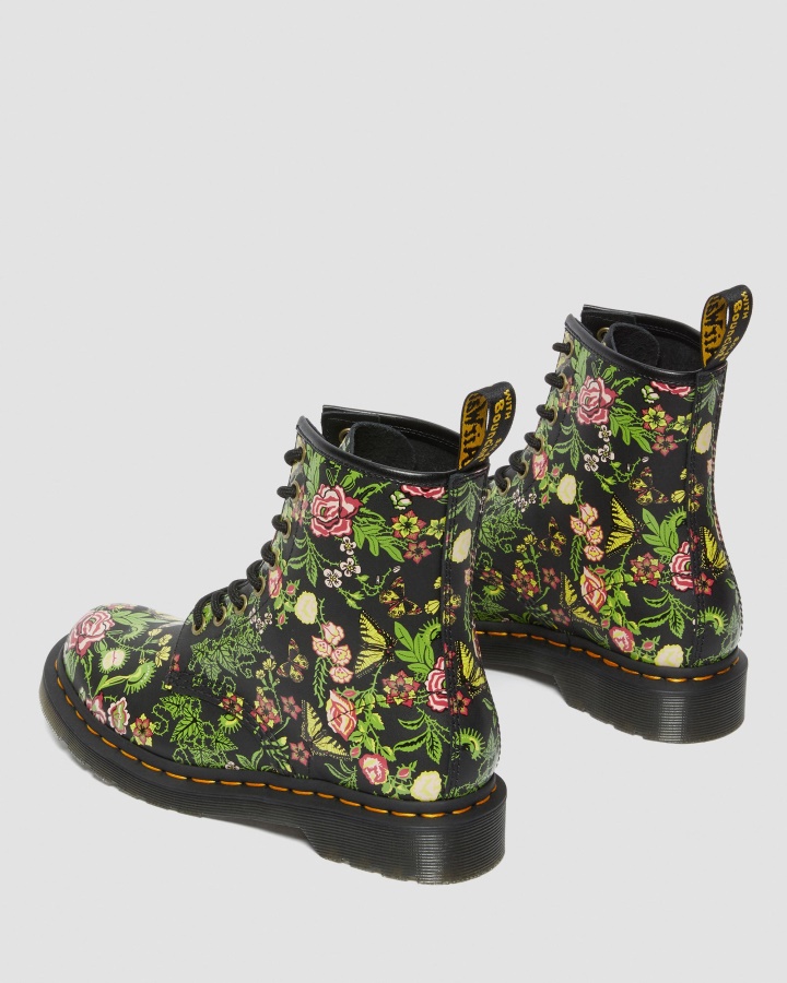 Dr.martens Romania Black 1460 Cizme Dama Cu Siret Din Piele Cu Flori Florale