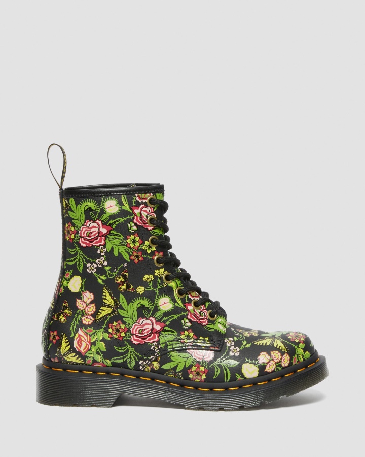 Dr.martens Romania Black 1460 Cizme Dama Cu Siret Din Piele Cu Flori Florale