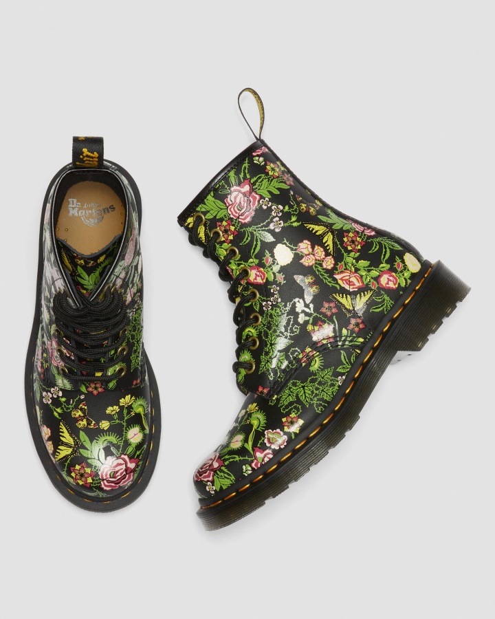 Dr.martens Romania Black 1460 Cizme Dama Cu Siret Din Piele Cu Flori Florale