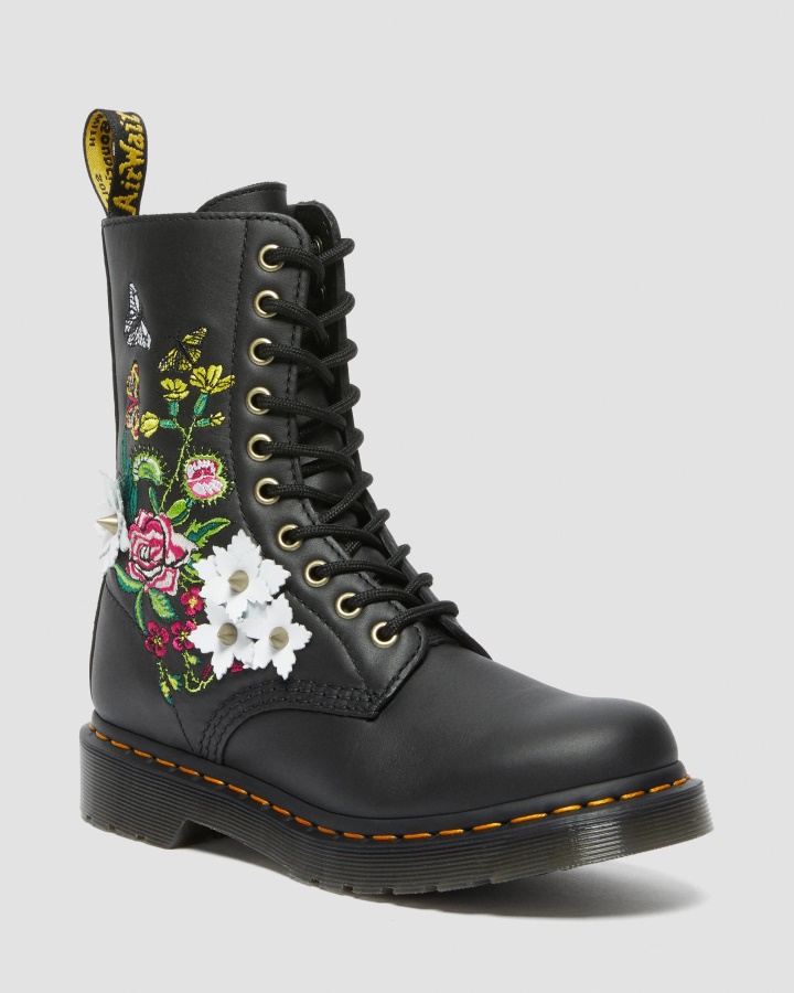 Dr.martens Romania Nappa Neagra 1490 Cizme Din Piele Cu Flori Florale La Mijlocul Gambei