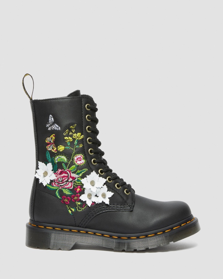 Dr.martens Romania Nappa Neagra 1490 Cizme Din Piele Cu Flori Florale La Mijlocul Gambei