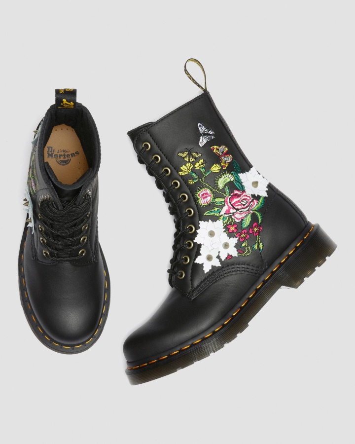Dr.martens Romania Nappa Neagra 1490 Cizme Din Piele Cu Flori Florale La Mijlocul Gambei