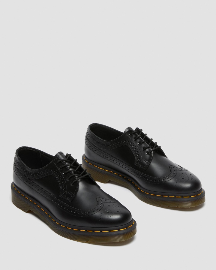 Dr.martens Romania Piele Neteda Neagra 3989 Cusatura Galbena Pantofi Brogue Din Piele Neteda