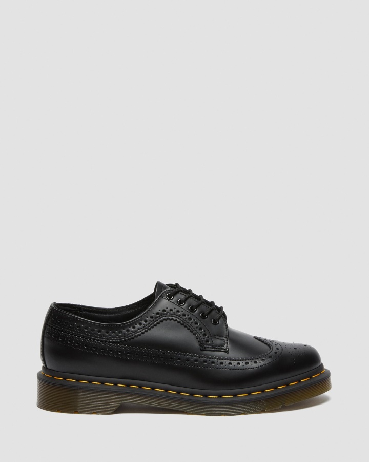 Dr.martens Romania Piele Neteda Neagra 3989 Cusatura Galbena Pantofi Brogue Din Piele Neteda