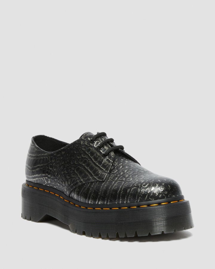 Pantofi Cu Platformă Din Piele Dr.martens Romania Gunmetal Wild Croc 1461 Croc Emboss