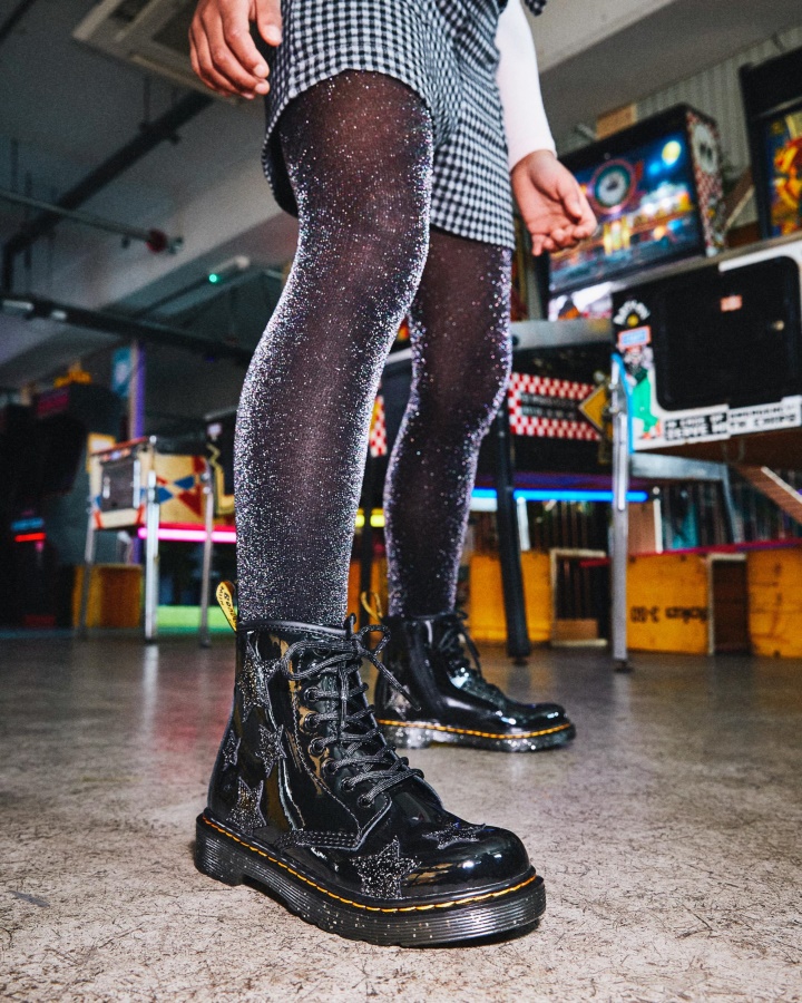 Cizme Junior 1460 Glitter Star Patent Cu șireturi Dr.martens Romania Lamper Negru + Sclipici Cosmic