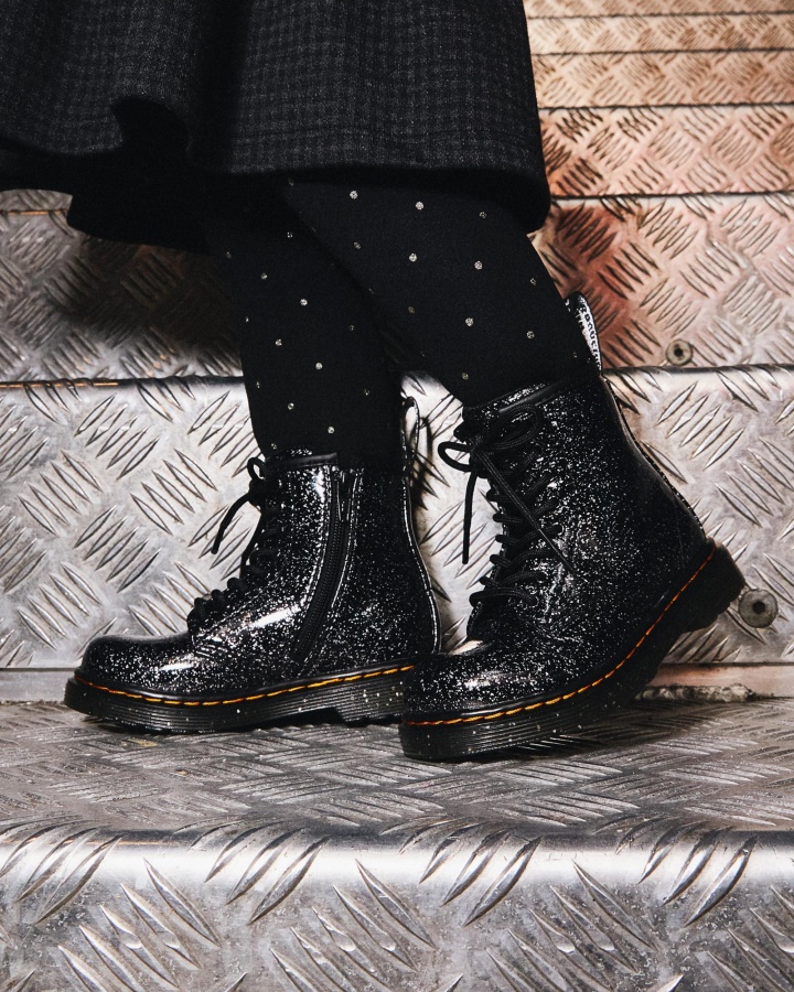 Dr.martens Romania Negru Cosmic Sclipici Pentru Copii Mici 1460 Sclipici Cizme Cu Siret