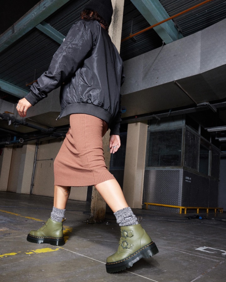 Cizme Cu Platformă Din Piele Cu Cataramă Flori Devon Canada Dr. Martens România Piele Nappa Frezată Verde Kaki