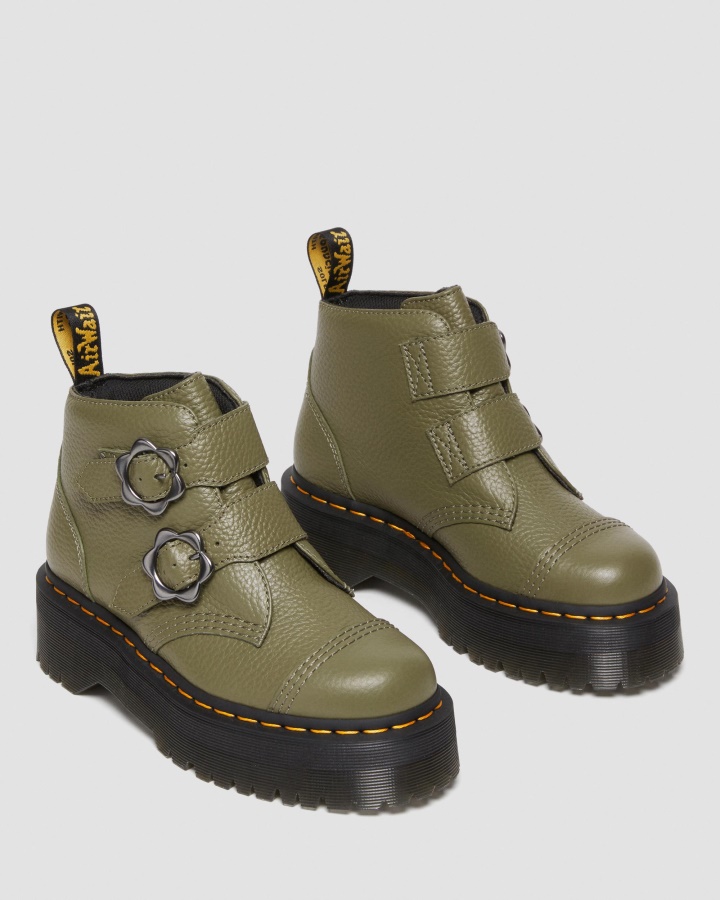 Cizme Cu Platformă Din Piele Cu Cataramă Flori Devon Canada Dr. Martens România Piele Nappa Frezată Verde Kaki