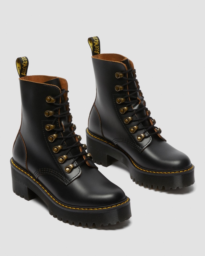 Cizme Vintage Damă Leona Cu Toc Din Piele Netedă Canada Dr.martens Romania Negru Vintage Netede