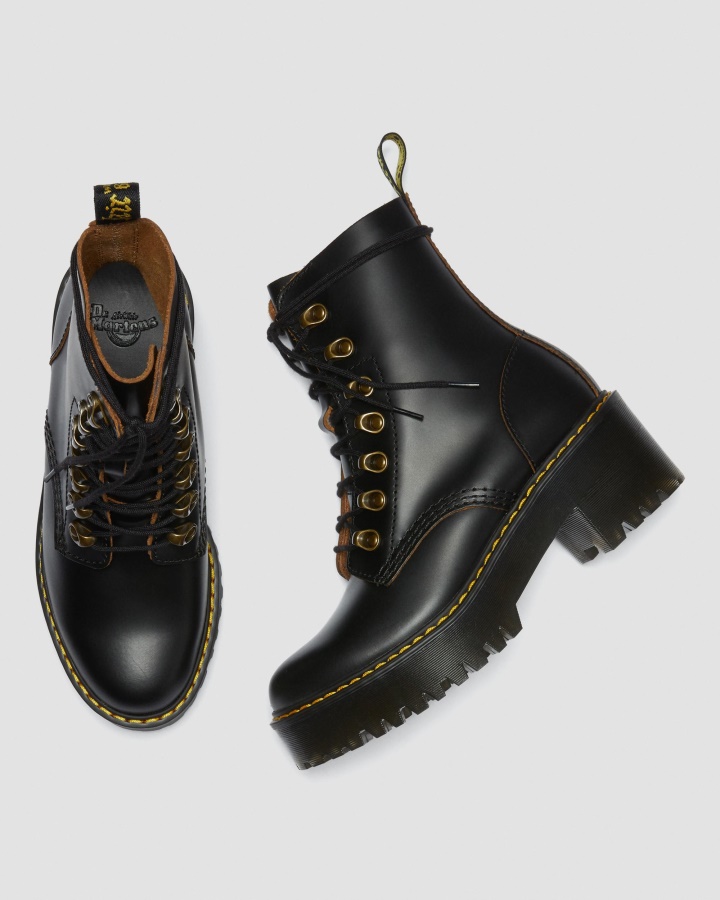 Cizme Vintage Damă Leona Cu Toc Din Piele Netedă Canada Dr.martens Romania Negru Vintage Netede
