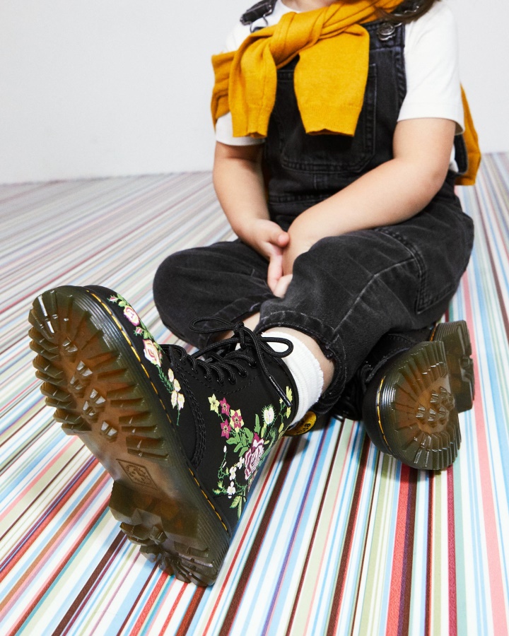 Cizme Negre Dr.martens Romania Toddler 1460 Din Piele Florala Cu Siret