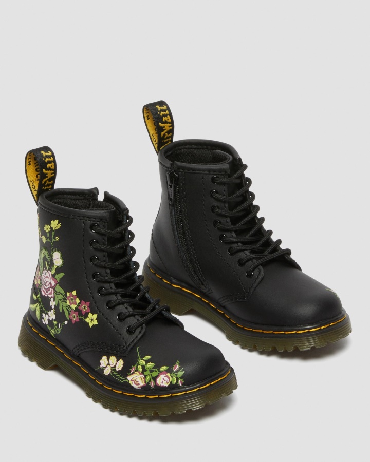 Cizme Negre Dr.martens Romania Toddler 1460 Din Piele Florala Cu Siret